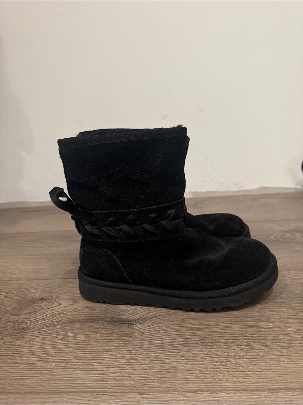 UGG Black Suede Girls Winter Boots with Braided Trim